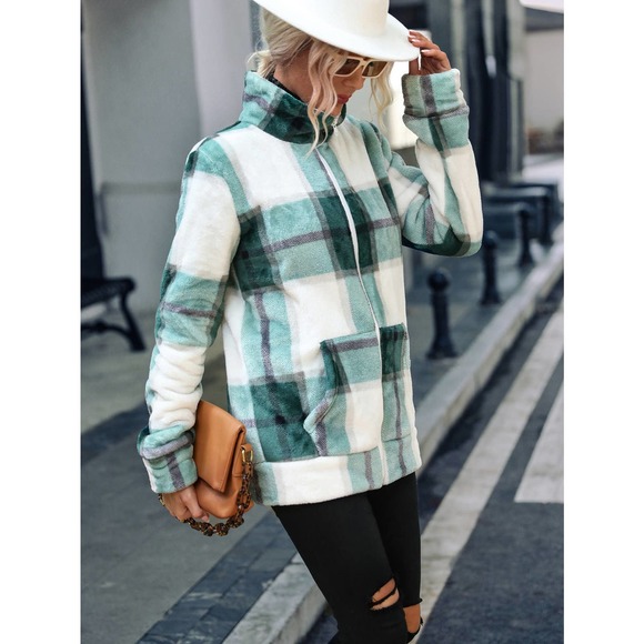 Zipper Front Plaid Print Jacket - Picture 6 of 6